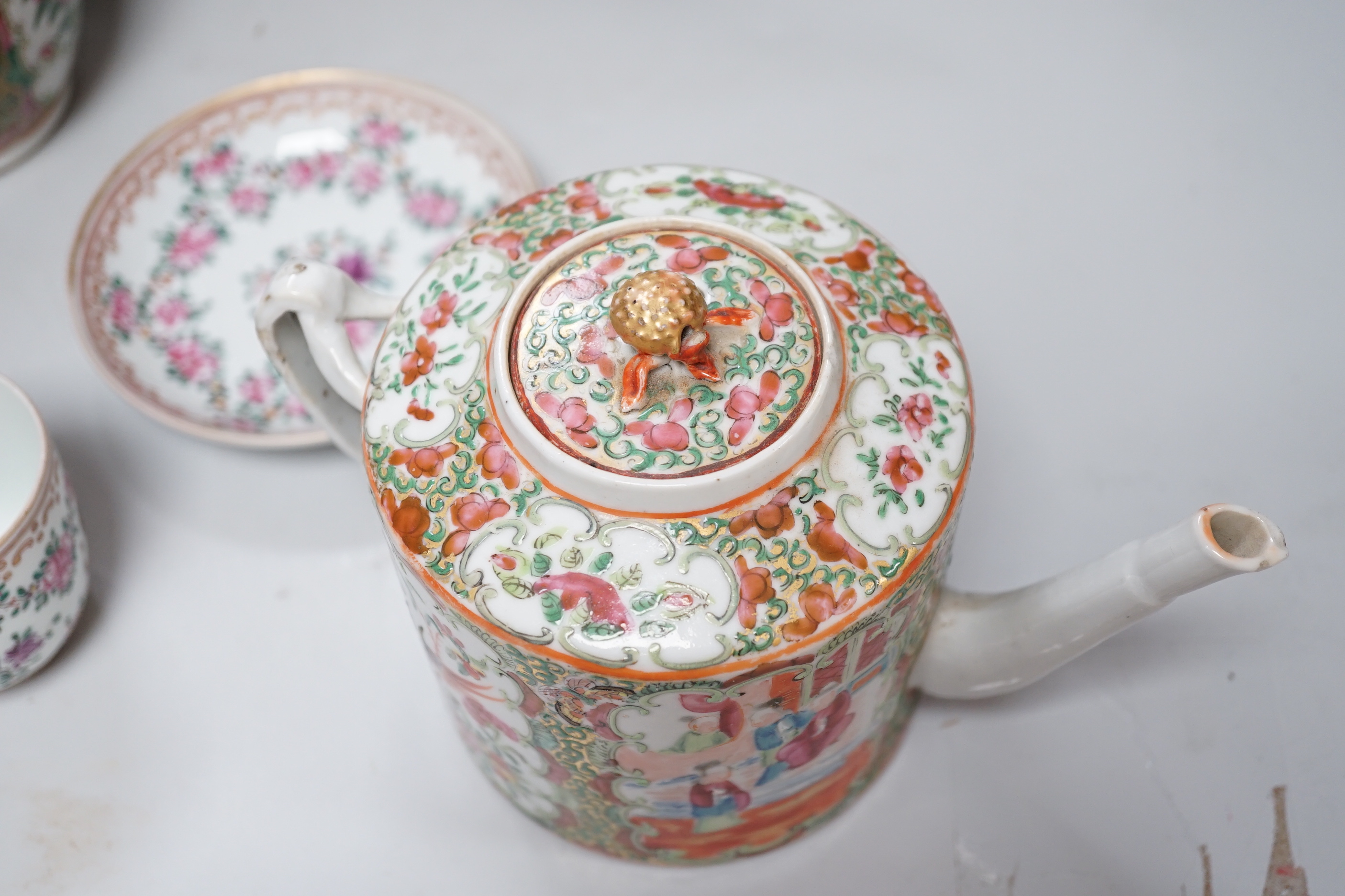 A pair of Chinese famille rose vases and a lamp base and a teapot and a Samson of Paris cup and saucer, (5)
